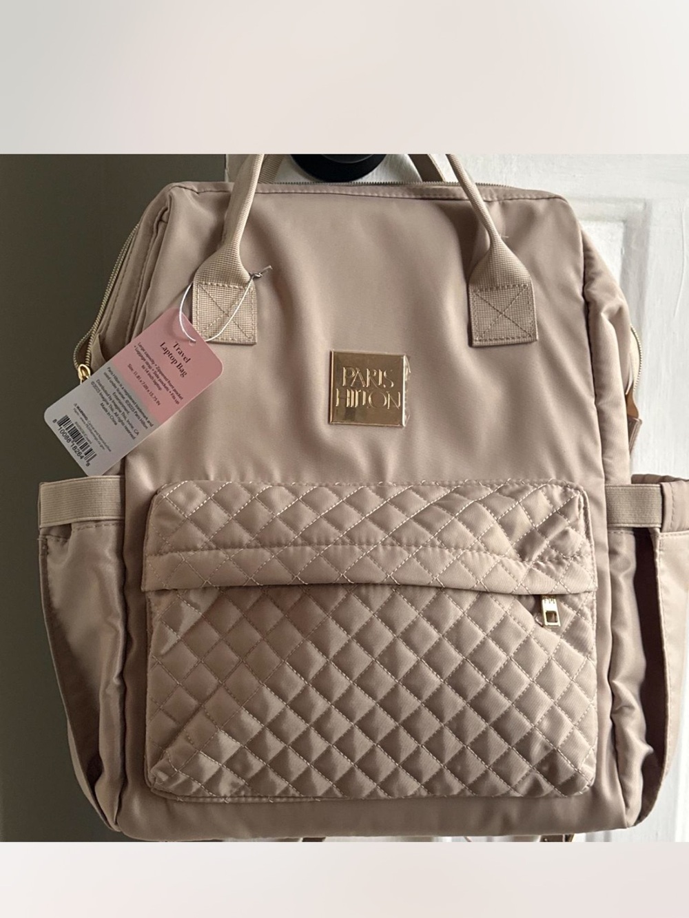 Paris Hilton Quilted Women’s Backpack and laptop Tote — Lt. gray